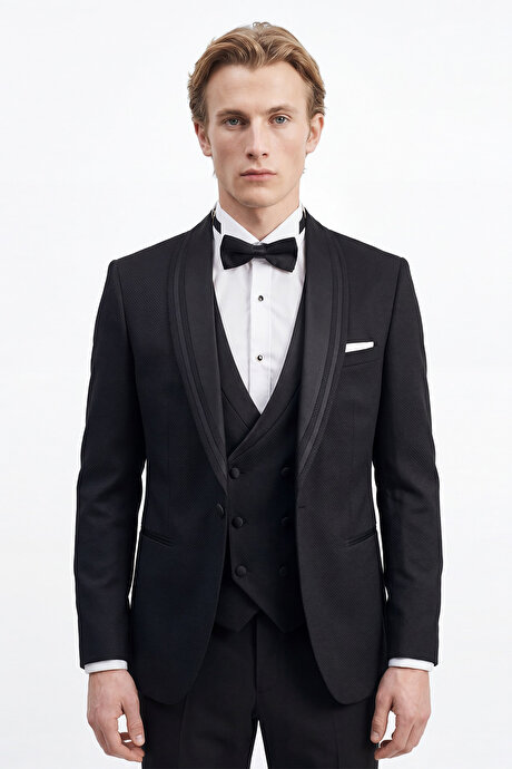 Slim Fit Dar Kesim Mono Yaka Desenli Siyah Smokin Takım resmi