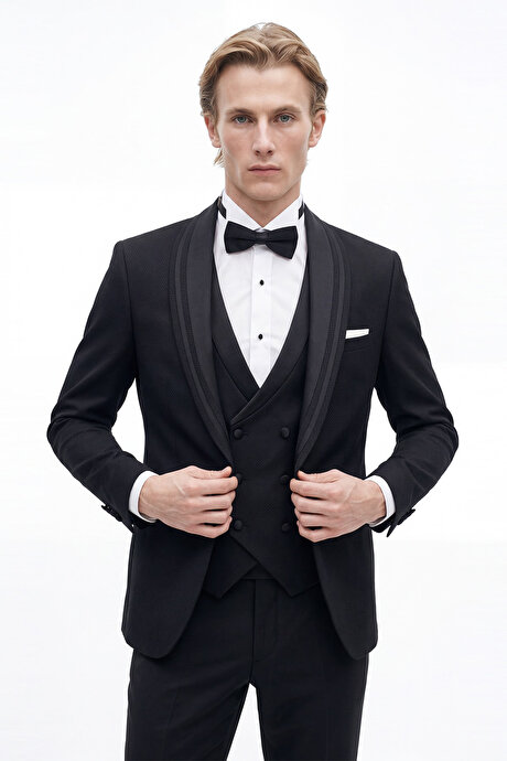 Slim Fit Dar Kesim Mono Yaka Desenli Siyah Smokin Takım resmi