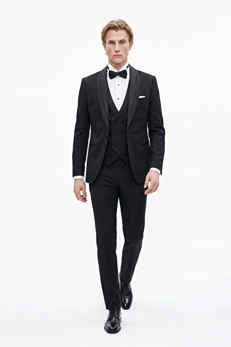 Slim Fit Dar Kesim Mono Yaka Desenli Siyah Smokin Takım resmi