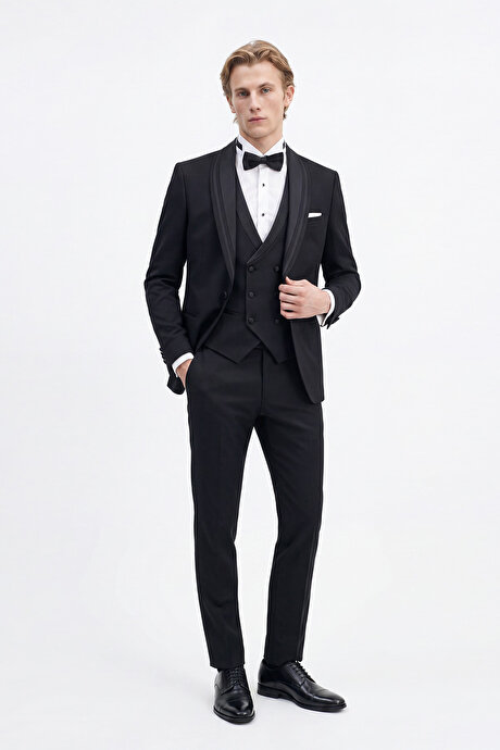 Slim Fit Dar Kesim Mono Yaka Desenli Siyah Smokin Takım resmi