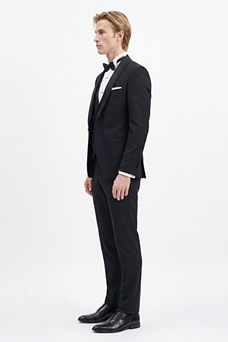 Slim Fit Dar Kesim Mono Yaka Desenli Siyah Smokin Takım resmi