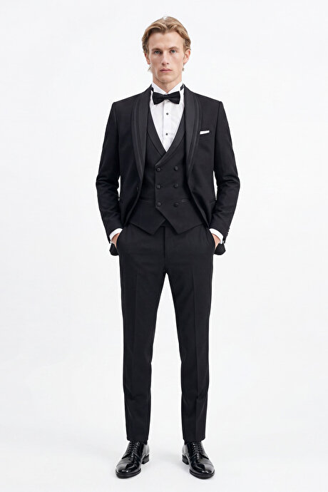Slim Fit Dar Kesim Mono Yaka Desenli Siyah Smokin Takım resmi