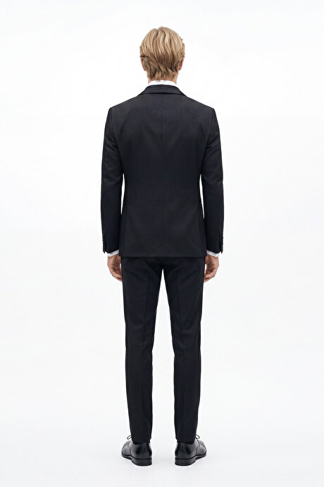 Slim Fit Dar Kesim Mono Yaka Desenli Siyah Smokin Takım resmi