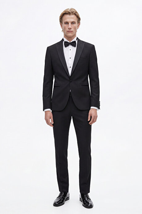 Slim Fit Dar Kesim Mono Yaka Desenli Siyah Smokin Takım resmi