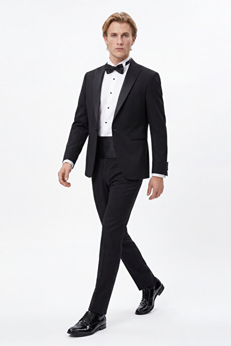 Slim Fit Dar Kesim Mono Yaka Desenli Siyah Smokin Takım resmi