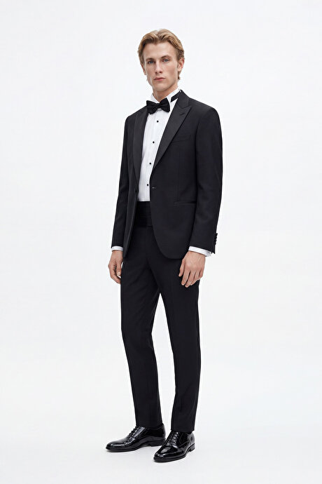 Slim Fit Dar Kesim Mono Yaka Desenli Siyah Smokin Takım resmi