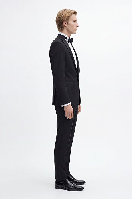 Slim Fit Dar Kesim Mono Yaka Desenli Siyah Smokin Takım resmi