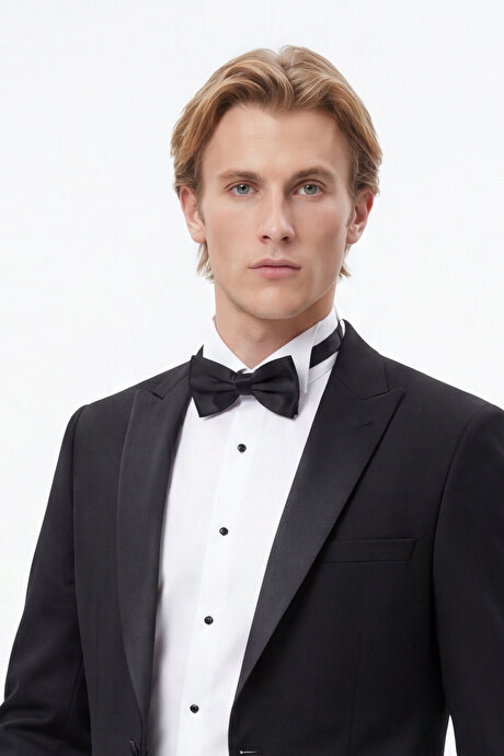 Slim Fit Dar Kesim Mono Yaka Desenli Siyah Smokin Takım resmi