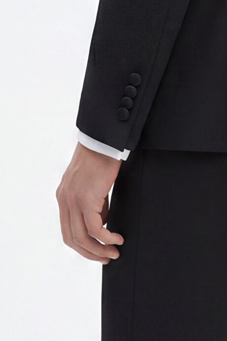 Slim Fit Dar Kesim Mono Yaka Desenli Siyah Smokin Takım resmi