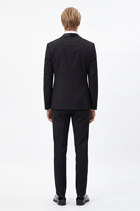 Slim Fit Dar Kesim Mono Yaka Desenli Siyah Smokin Takım resmi