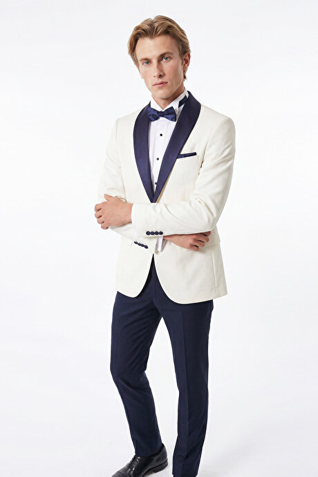 Slim Fit Dar Kesim Mono Yaka Desenli Beyaz-Lacivert Smokin Takım resmi