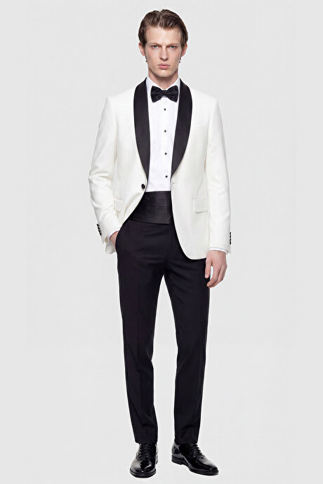 Slim Fit Dar Kesim Mono Yaka Desenli Beyaz-Lacivert Smokin Takım resmi