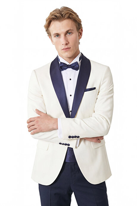 Slim Fit Dar Kesim Mono Yaka Desenli Beyaz-Lacivert Smokin Takım resmi