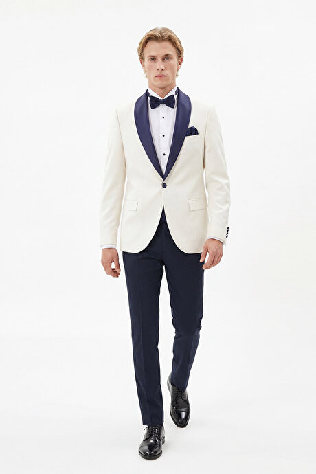 Slim Fit Dar Kesim Mono Yaka Desenli Beyaz-Lacivert Smokin Takım resmi