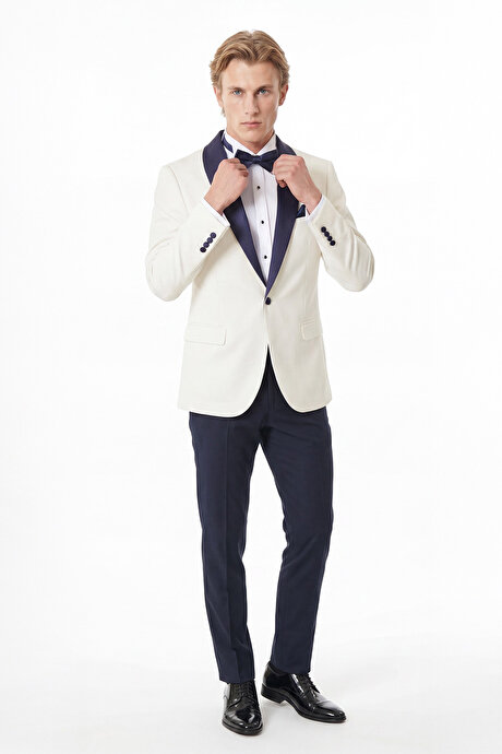 Slim Fit Dar Kesim Mono Yaka Desenli Beyaz-Lacivert Smokin Takım resmi