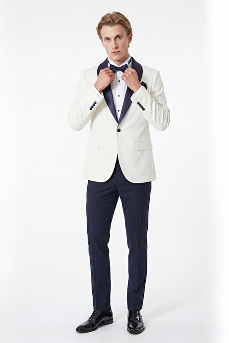 Slim Fit Dar Kesim Mono Yaka Desenli Beyaz-Lacivert Smokin Takım resmi