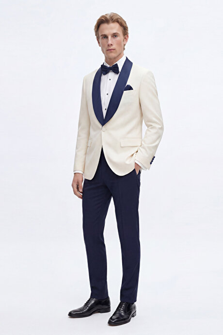 Slim Fit Dar Kesim Mono Yaka Desenli Beyaz-Lacivert Smokin Takım resmi