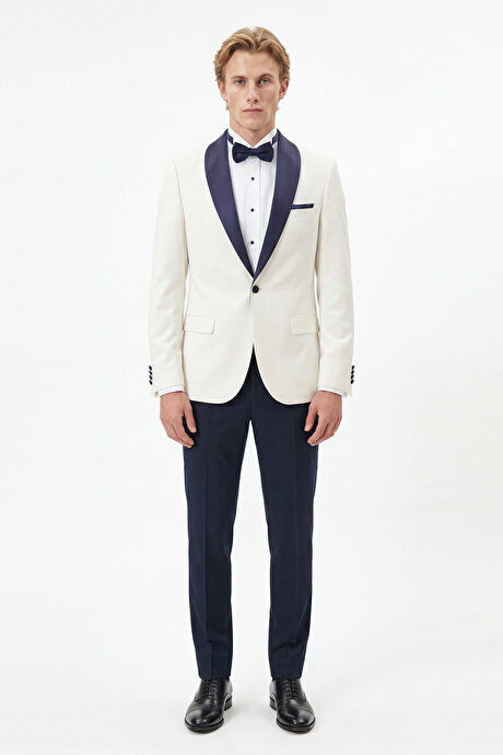 Slim Fit Dar Kesim Mono Yaka Desenli Beyaz-Lacivert Smokin Takım resmi