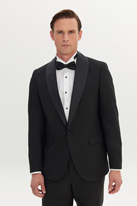 Regular Fit Geniş Kesim Kırlangıç Yaka Yünlü Siyah Smokin Takım resmi