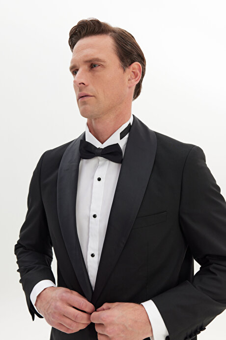 Regular Fit Geniş Kesim Kırlangıç Yaka Yünlü Siyah Smokin Takım resmi