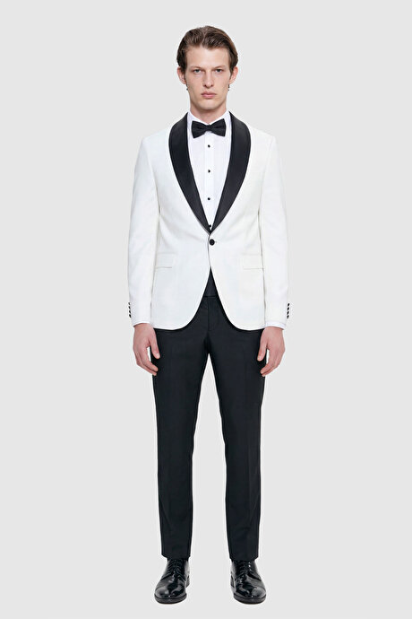 Slim Fit Dar Kesim Şal Yaka Armürlü Beyaz-Siyah Smokin Takım resmi