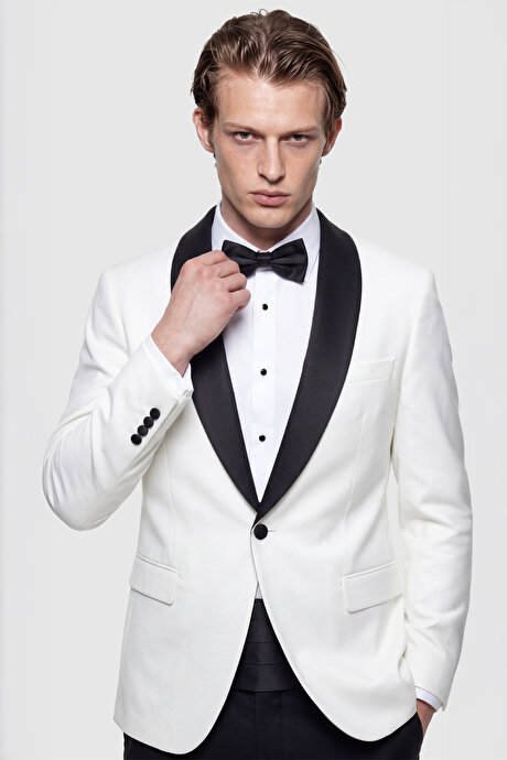 Slim Fit Dar Kesim Şal Yaka Armürlü Beyaz-Siyah Smokin Takım resmi