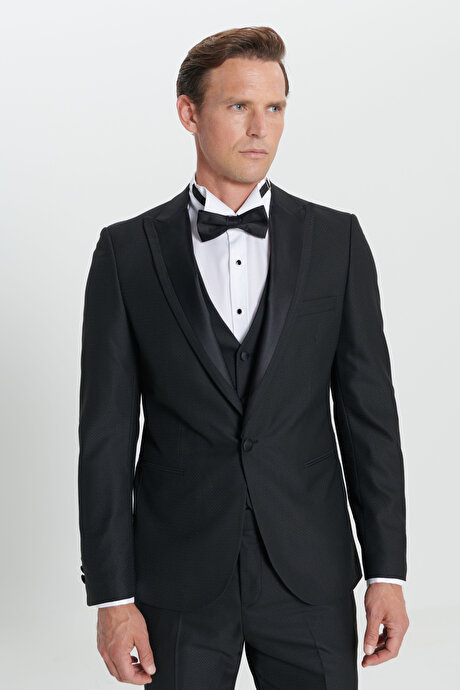 Standart Fit Normal Kesim Kırlangıç Yaka Desenli Siyah Smokin Takım resmi