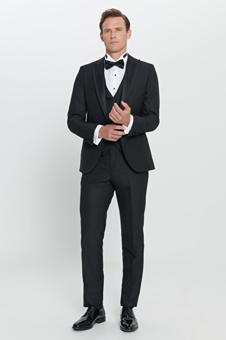 Standart Fit Normal Kesim Kırlangıç Yaka Desenli Siyah Smokin Takım resmi