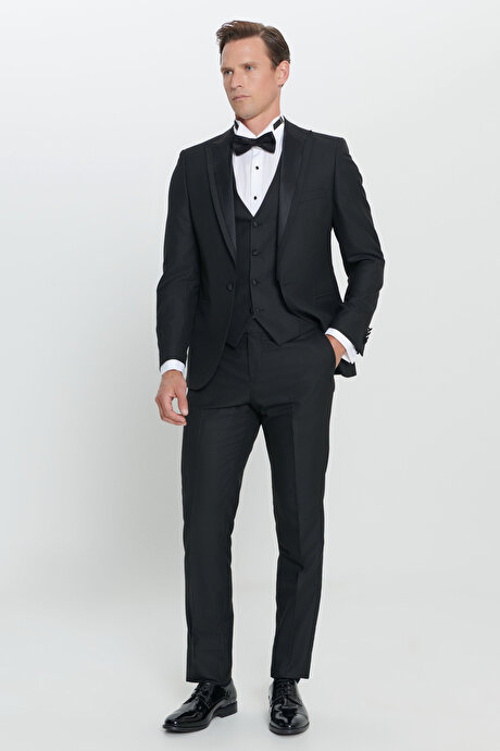 Standart Fit Normal Kesim Kırlangıç Yaka Desenli Siyah Smokin Takım resmi