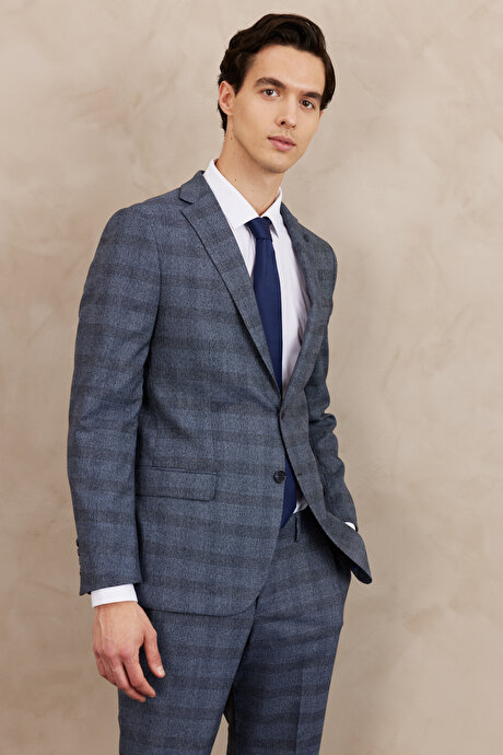 Slim Fit Dar Kesim Mono Yaka Ekose Desenli Çift Pantolonlu Mavi Takım Elbise resmi