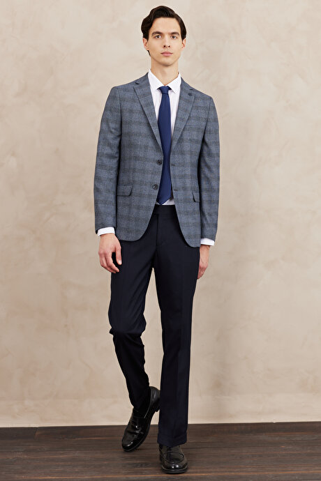 Slim Fit Dar Kesim Mono Yaka Ekose Desenli Çift Pantolonlu Mavi Takım Elbise resmi