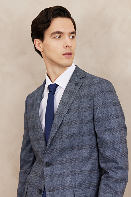 Slim Fit Dar Kesim Mono Yaka Ekose Desenli Çift Pantolonlu Mavi Takım Elbise resmi