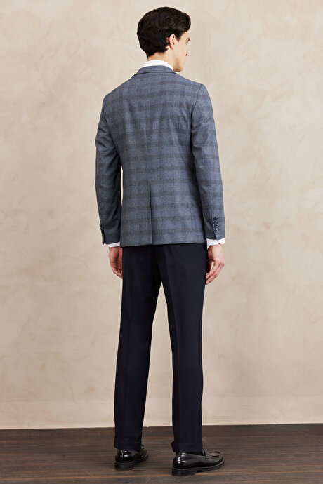 Slim Fit Dar Kesim Mono Yaka Ekose Desenli Çift Pantolonlu Mavi Takım Elbise resmi