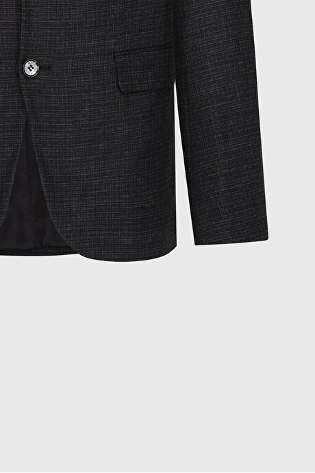 Slim Fit Dar Kesim Kırlangıç Yaka Desenli Siyah-Gri Takım Elbise resmi