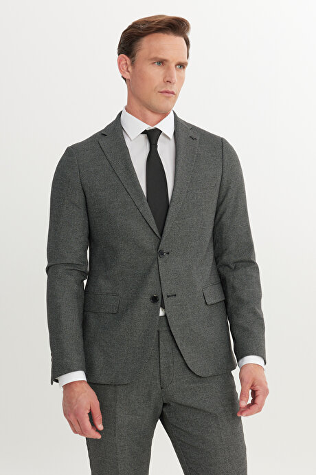 Slim Fit Dar Kesim Mono Yaka Siyah-Gri Takım Elbise resmi