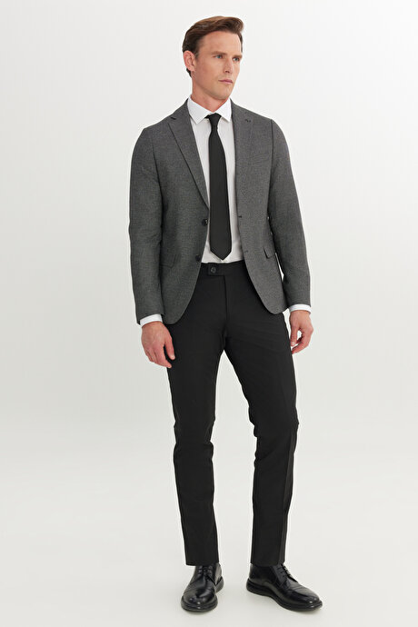 Slim Fit Dar Kesim Mono Yaka Siyah-Gri Takım Elbise resmi