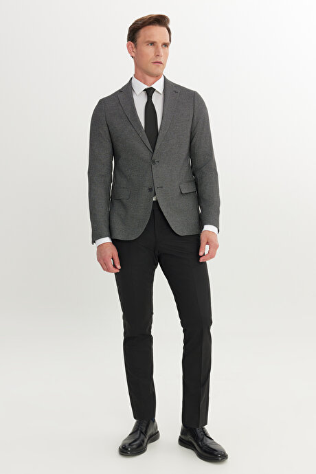 Slim Fit Dar Kesim Mono Yaka Siyah-Gri Takım Elbise resmi
