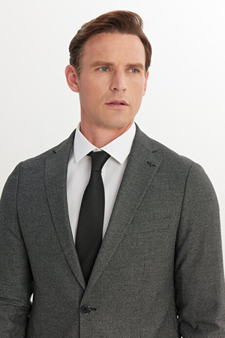 Slim Fit Dar Kesim Mono Yaka Siyah-Gri Takım Elbise resmi