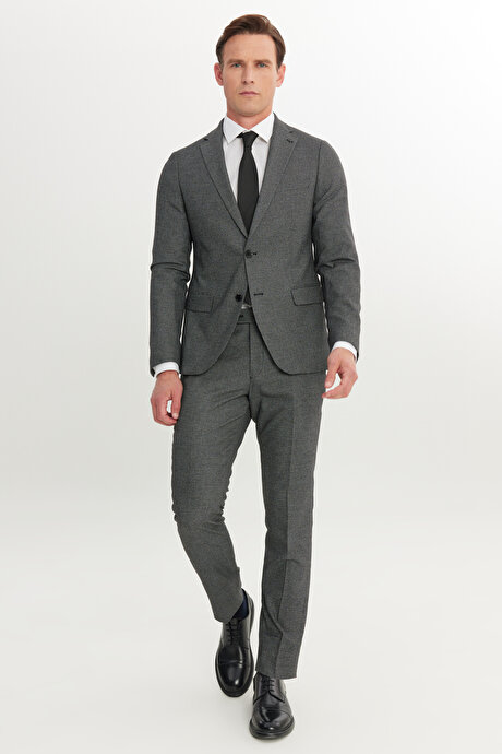 Slim Fit Dar Kesim Mono Yaka Siyah-Gri Takım Elbise resmi