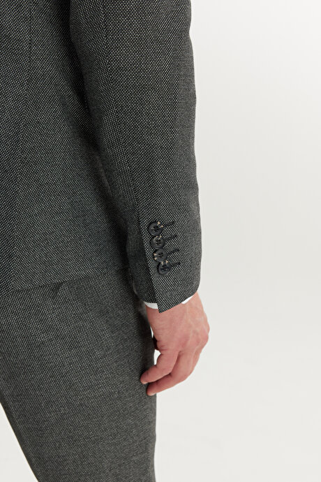 Slim Fit Dar Kesim Mono Yaka Siyah-Gri Takım Elbise resmi