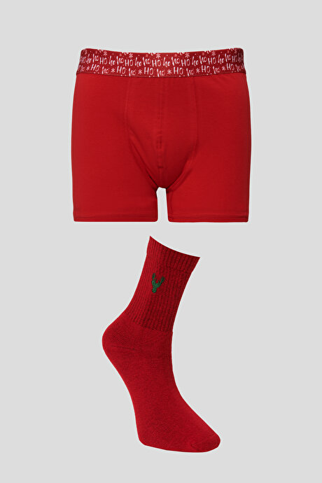 Desensiz Yılbaşı Temalı Kırmızı Boxer Çorap Set resmi