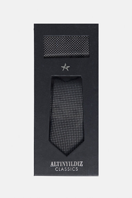 Kravat-Mendil Siyah-Gri Set resmi