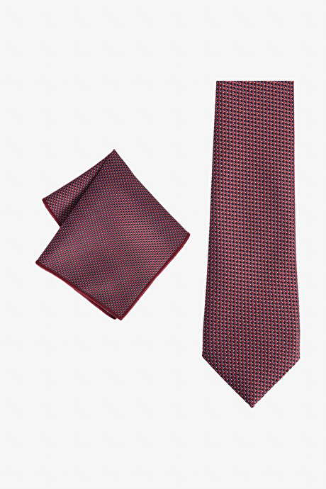 Desenli Kravat-Mendil Bordo-Gri Set resmi