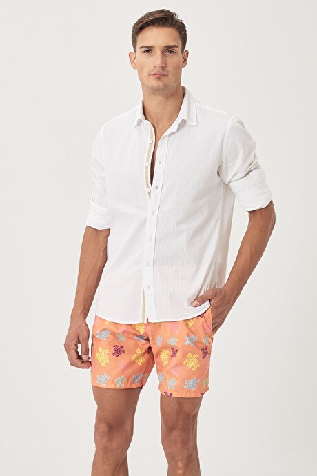 Standart Fit Casual Desenli Turuncu Mayo Deniz Şortu resmi