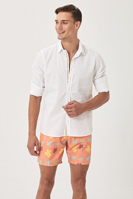 Standart Fit Casual Desenli Turuncu Mayo Deniz Şortu resmi