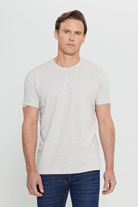 Slim Fit Dar Kesim Bisiklet Yaka %100 Pamuk Kısa Kollu Bej Melanj Tişört resmi