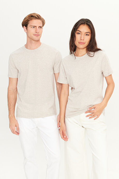 Slim Fit Dar Kesim Bisiklet Yaka %100 Pamuk Kısa Kollu Bej Melanj Tişört resmi
