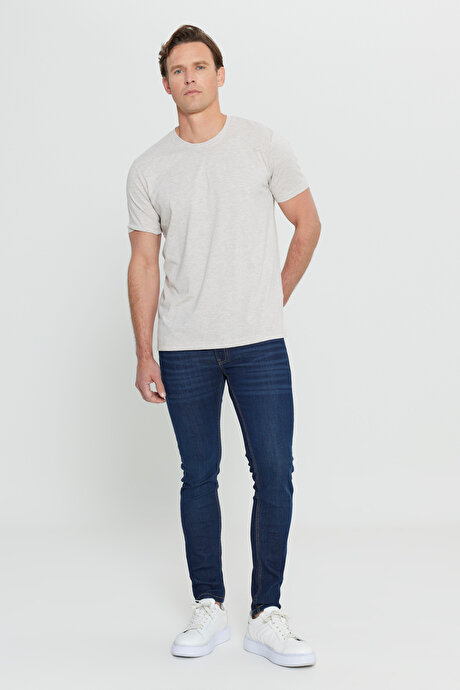 Slim Fit Dar Kesim Bisiklet Yaka %100 Pamuk Kısa Kollu Bej Melanj Tişört resmi