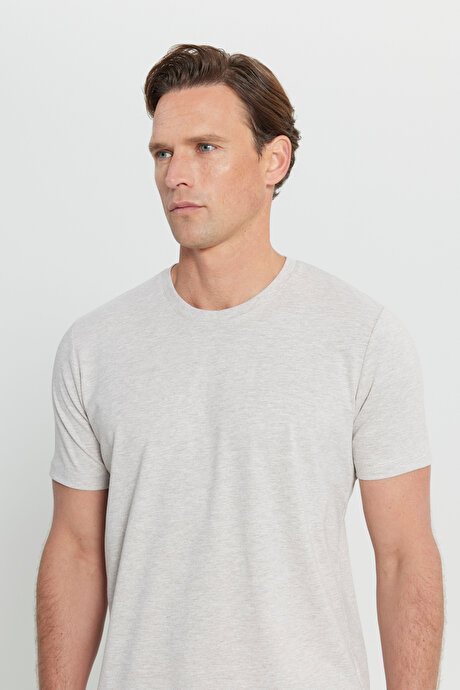 Slim Fit Dar Kesim Bisiklet Yaka %100 Pamuk Kısa Kollu Bej Melanj Tişört resmi