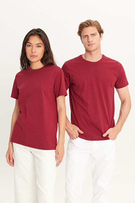 Slim Fit Dar Kesim Bisiklet Yaka %100 Pamuk Kısa Kollu Bordo Tişört resmi